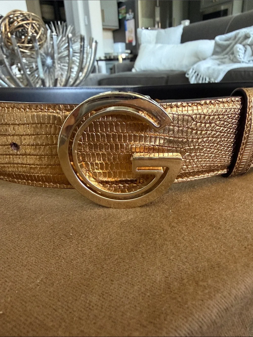 Gucci Bronze Gold Textured Leather Belt with 'G' Logo Buckle